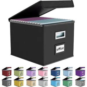 Upgraded Portable File Organizer Box, Large Linen Hanging Office Document Storage Box with Lid-Black, Collapsible Filing & Storage Boxes for Office/Decor/Home - 14.9 x 12.59 x 10.8 in