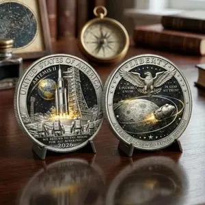 Lunar Exploration Mission Commemorative Coin, Artemis II Lunar Mission Commemorative Coin, Silver-Plated Space Memorabilia