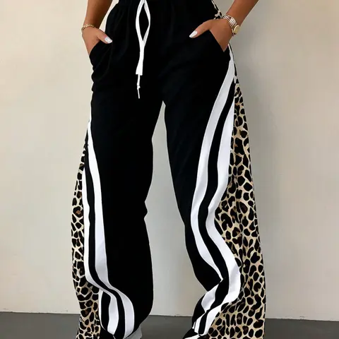 Women's Casual Leopard Print Sweatpants, Side Drawstring Waist, Fitted Long Pants, Comfortable Street Style, All Seasons Wear, Casual Jogging Pants, Athleisure Style Bottoms, Sports Casual Pants, Casual Comfy Sweatpants, Adjustable Drawstring Sweatpants