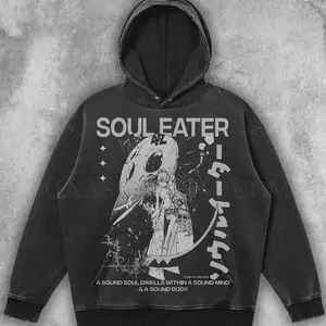 Soul Eater Vintage Washed Hoodie | Maka Albarn Graphic Pullover with Sound Soul Quote for Anime Streetwear Fans JX4