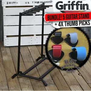 BLACK MOUNTAIN Spring Loaded Thumb Picks Variety 4 Pack with Five Guitar Rack Stand by GRIFFIN | Holder for 5 Guitars & Folds Up For Easy Transport, Neoprene Tubing Accessories | Ideal For Music Bands