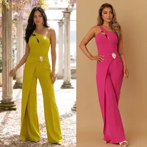 ONE STRAP SHOULDER CROSS WRAP JUMPSUIT - MINI SLIT ON SIDE TOP - ADJUSTABLE SINGLE STRAP - FLAT STONE DETAIL ON TOP AND WAIST - OPEN HALF LAYER BOTTOM - ZIPPER ON THE BACK