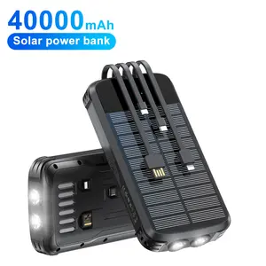 Portable 40000mAh Solar Power Bank with Built-in Flashlight 4 Cables PD20W Charging USB-C Input/Output for iPhone Android Outdoor Travel Camping Accessories
