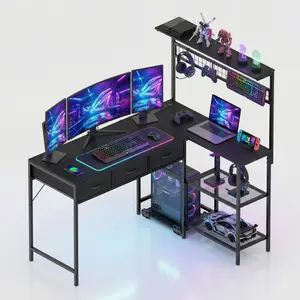L-Shaped Desk, Corner Computer Desk with LED Lights, Power Outlets and Storage Bad, Reversible Computer Desk with 3 Drawers, 3-Tier Storage Shelves and Bookshelf,  for Home Office, Black/Brown/White