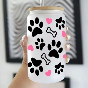 Leopard Print Dog Paw Heart Bone 16oz Glass Can Cup, Tumbler with Lid and Straw, Reusable Glass Drinking Cup, Jar for Iced Coffee, Hot Chocolate, Fashionable Glassware, Kawaii Aesthetic Drinkware, Perfect Gift for Dog Lovers, Pet Owners, Girls