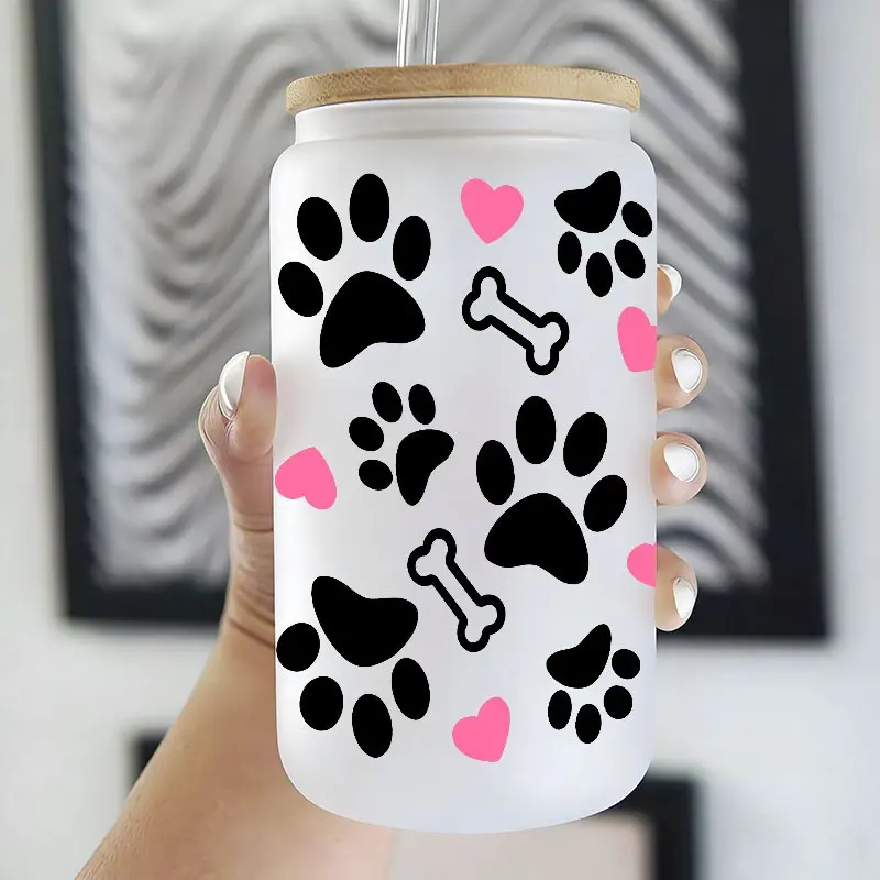Leopard Print Dog Paw Heart Bone 16oz Glass Can Cup, Tumbler with Lid and Straw, Reusable Glass Drinking Cup, Jar for Iced Coffee, Hot Chocolate, Fashionable Glassware, Kawaii Aesthetic Drinkware, Perfect Gift for Dog Lovers, Pet Owners, Girls