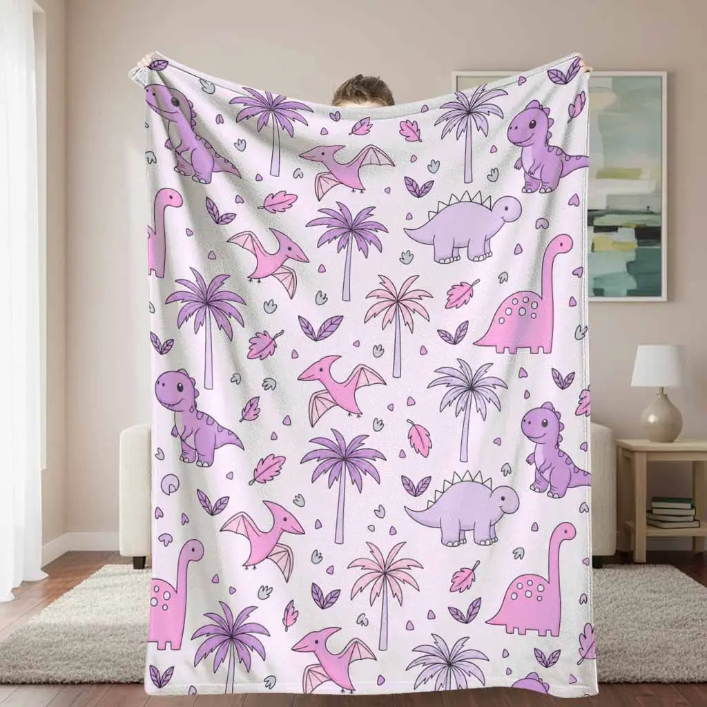 Cartoon Dinosaur Flannel Blanket - Purple Pink Whimsical Character Graphic, Soft Warm Lightweight Fade-Resistant Plush Throw, Ideal for Bedroom, Travel Gift & Home Decoration, Cartoon Dinosaur Blankets, Character Graphic Blankets