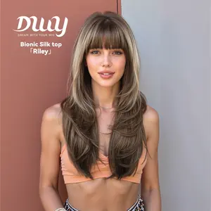 Riley- New! DWY Bionic Silk Top 24-Inch Long Body Wave Layer-cut Brown Balayage Glueless Synthetic Wig with Bangs for Women High-Quality Premium Fiber Easy Wear Comfortable Fit Summer Look