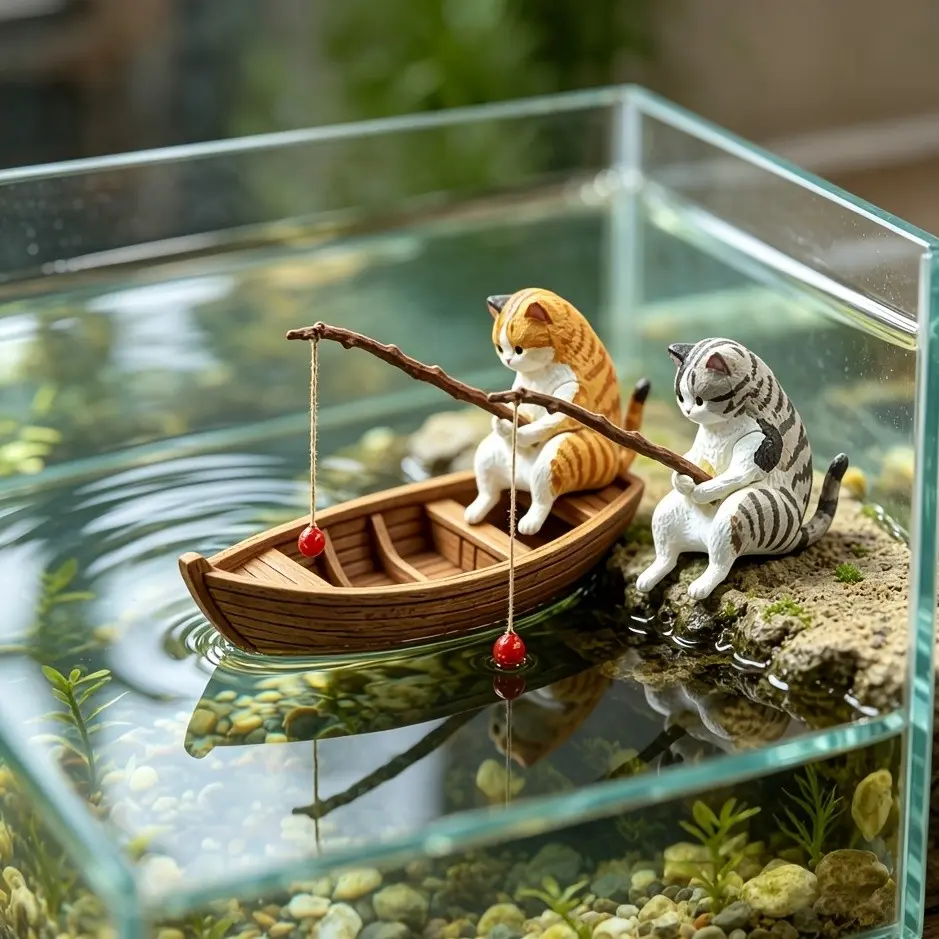 Creative Aquarium Fish Tank Micro Landscape Decor, Fish Tank Decorations, Cute Cat Fishing Scene, High-Quality Resin, Ocean Theme, Perfect Gift for Fishing Enthusiasts