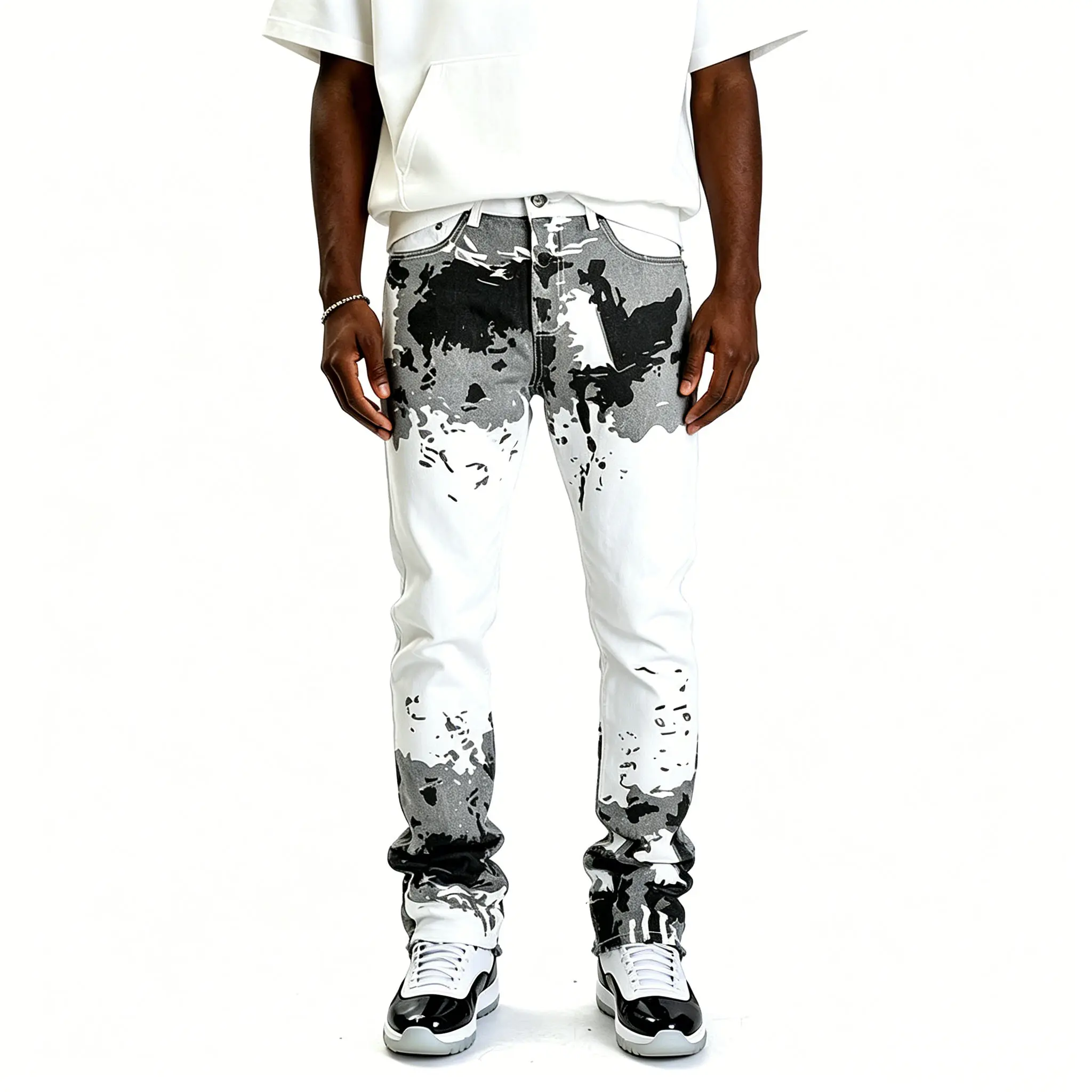 Men's Slim Straight Jeans Green Grey Camouflage Print Heavyweight Fabric Button Closure Color Block  No Belt Mid Waist Casual Streetwear Classic Menswear Fashion Leisure Denim Trousers