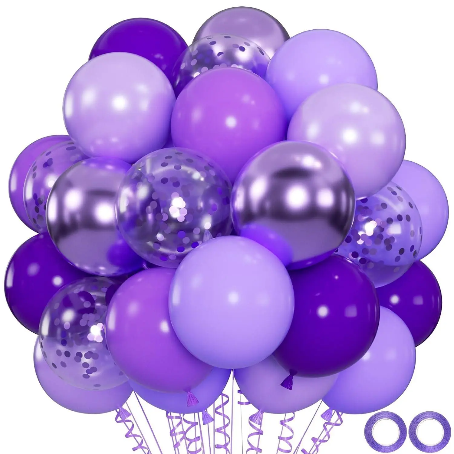 100Pcs Purple Balloons - 12Inch Metallic Chrome & Lavender Lilac Balloons With Confetti For Wedding, Baby Shower, Bridal Shower, Princess Birthday Parties (With 66Ft Ribbons)