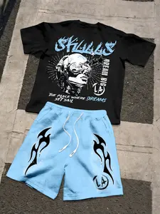 Men's Summer Cyberpunk Graffiti Print Short Sleeve Set, Street Style Casual Fashion Streetwear, Perfect for Exhibition and Outdoors