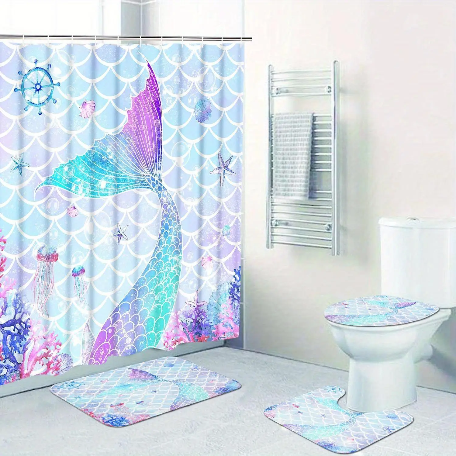 Mermaid Pattern Bathroom Decorations, 4 Counts/set Including Shower Curtain & Toilet U-shape Mat & Bathroom Mat & Toilet Lid Cover, Bathroom Accessories