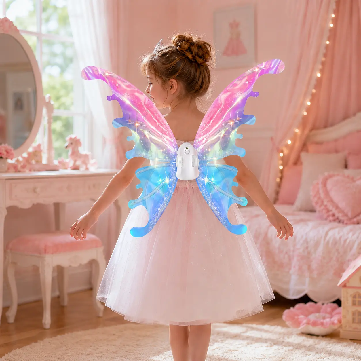 LED Electric Fairy Wings for Girls Ages 4-8 Light-Up Moving Butterfly Costume Jewelry with Music Auto-Off Sparkling Princess Dress-Up Ornament for Halloween Valentine Birthday Christmas Party Gifts,Party Costume、Princess Cosplay、Dress Up Gift