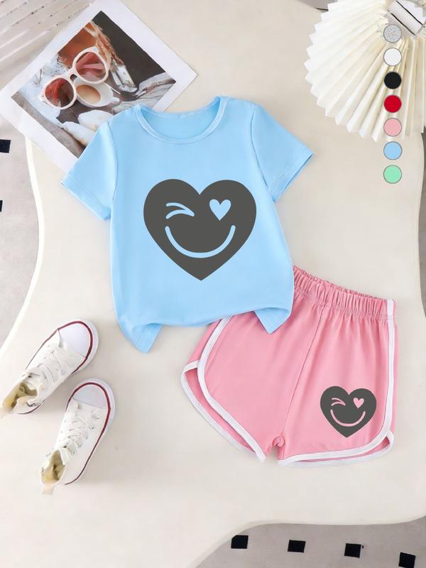 Summer Girls Casual Sports Short Sleeve Set with Eye-Catching Heart Smile Print, Loose Fit Shorts for Ages 2-7, Perfect for School & Weekend Outings