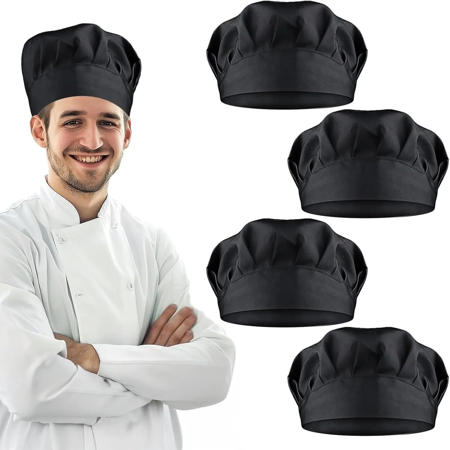 Chef Hats, 4 Pcs Chef Caps Kitchen Cooking Elastic Baker Band Breathable Cotton Top Hibachi Cook Hat Black