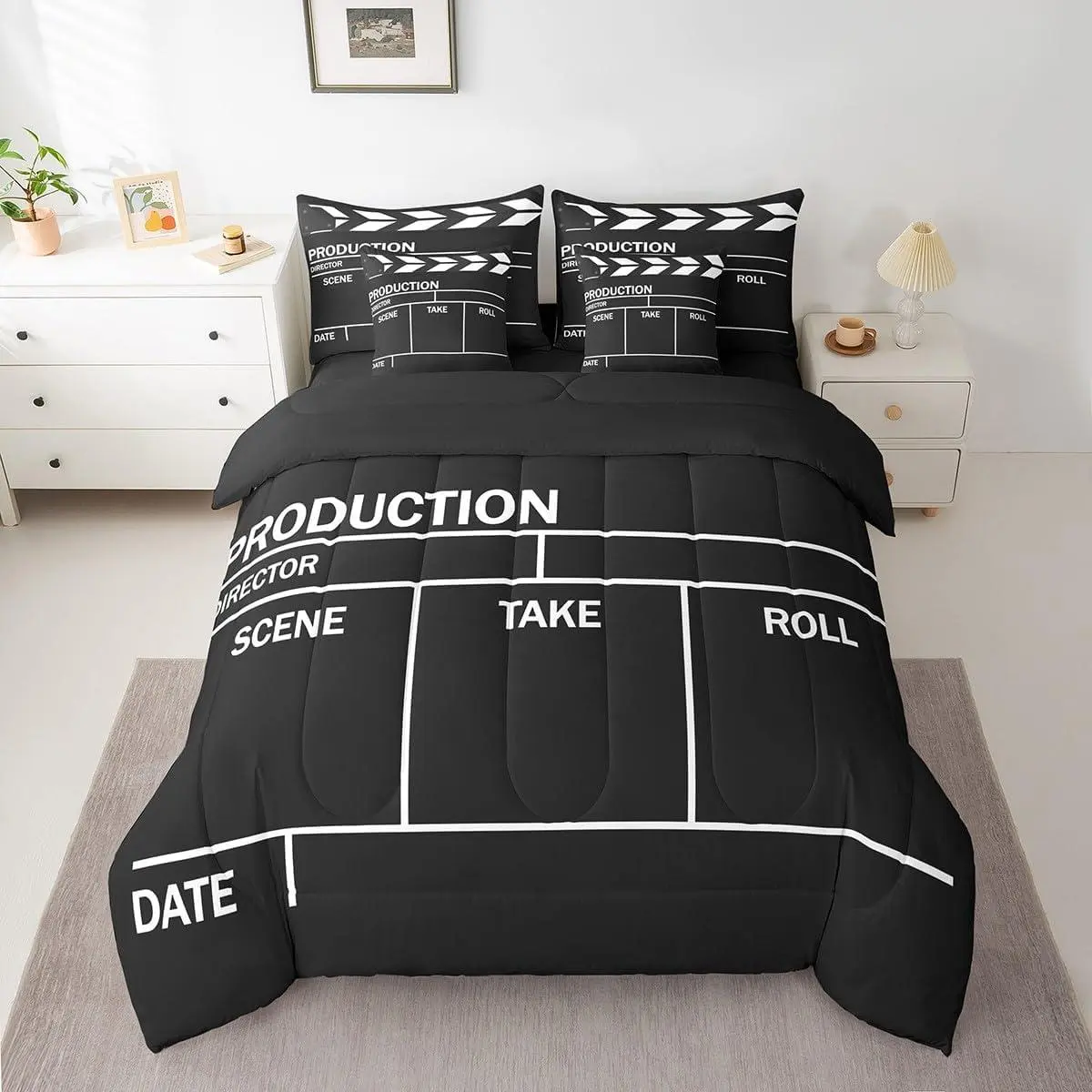 7 Pieces Movie Clapboard Comforter Set Black and White Bedding Set with Comforter,Sheet Set,Pillowcase and Sham Movie Theater Film Bed Set Vintage Cinema Bedding Room Decorative