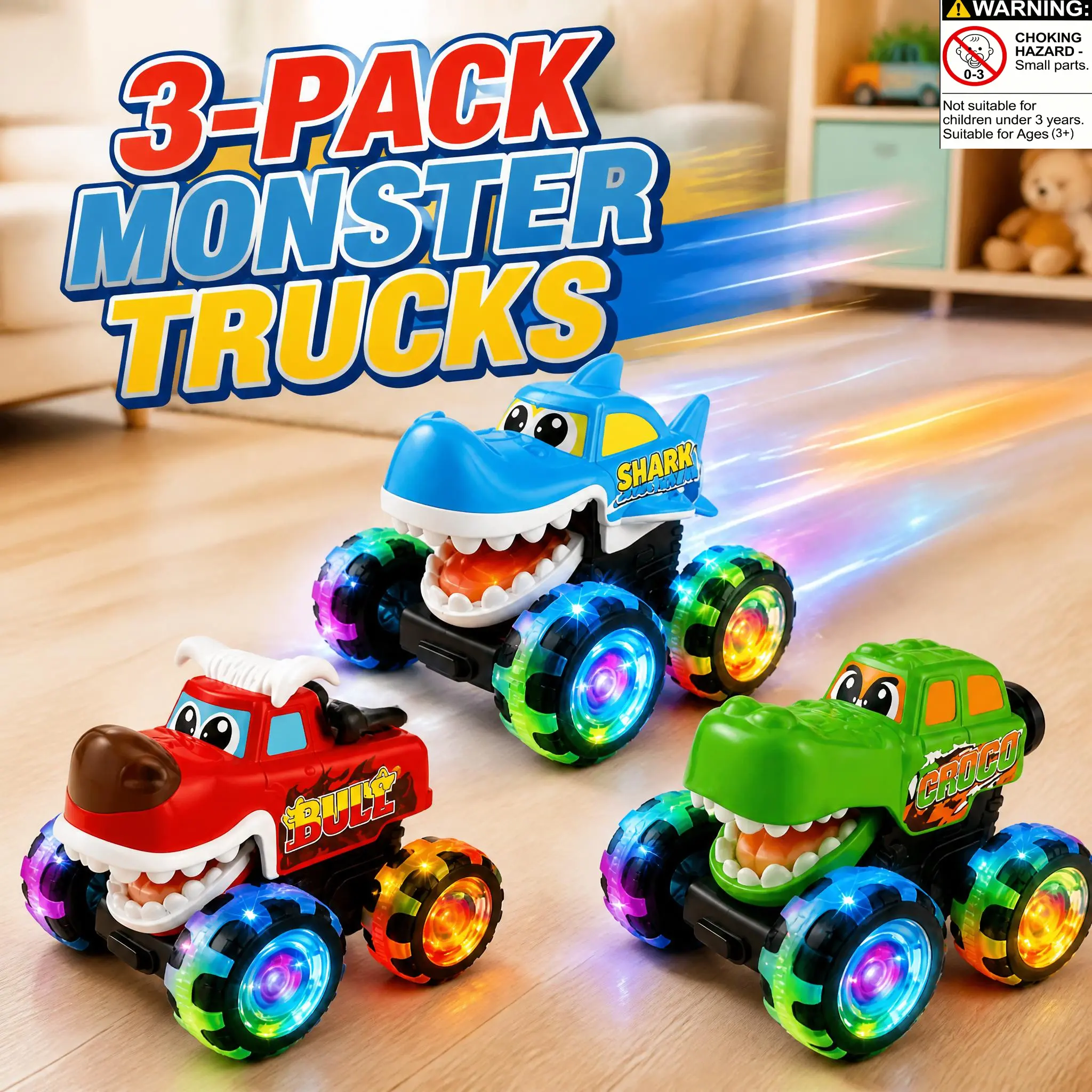 3 Pack Monster Truck Toy Friction Colorful Shining Wheel Bigfoot Car Crocodile Shark Night Light Pressing Car Boy Gift Pressing Luminous Toy Car Monster Bigfoot Car Inertial Sliding Wheel Light Children's Gift