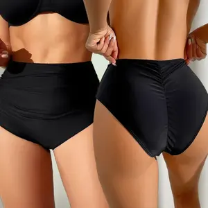 Women's High Waist Nylon Bikini Bottom - V-Cut Cross Front, Full Coverage Swim Bathing Suit Bottom
