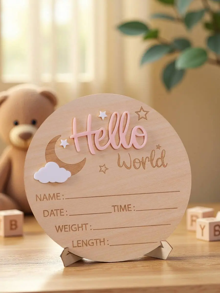 1pc Newborn Photography Prop "Hello World" Baby Birth Announcement Board, Wooden Baby Name Sign, Baby Keepsake, Infant Party Easter Gift, Unisex