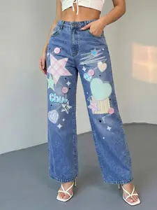 Women's High-Waist Wide-Leg Denim Jeans! High-Rise Medium-Stretch Printed Style—Semi Baggy Jeans Fit, Bedazzled Jeans Sparkle & Still Cool Jeans Vibe! Print has retro 'Chu' letter + soft blue dot, matches Baggy Jeans Outfit.Stuns with Sneakers! Cute Breat