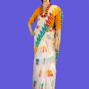 Dress Women's Traditional Saree Dhaka with Printed Design, Orange Top & White Skirt, Perfect for Special Occasions, Womenswear - Comfort, Clothes Casual