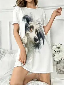 Women's Round Neck Short Sleeve Sleepwear, Cartoon Animal Dog All-Over Print Pajamas, Casual Fitted Home Clothing for All Seasons