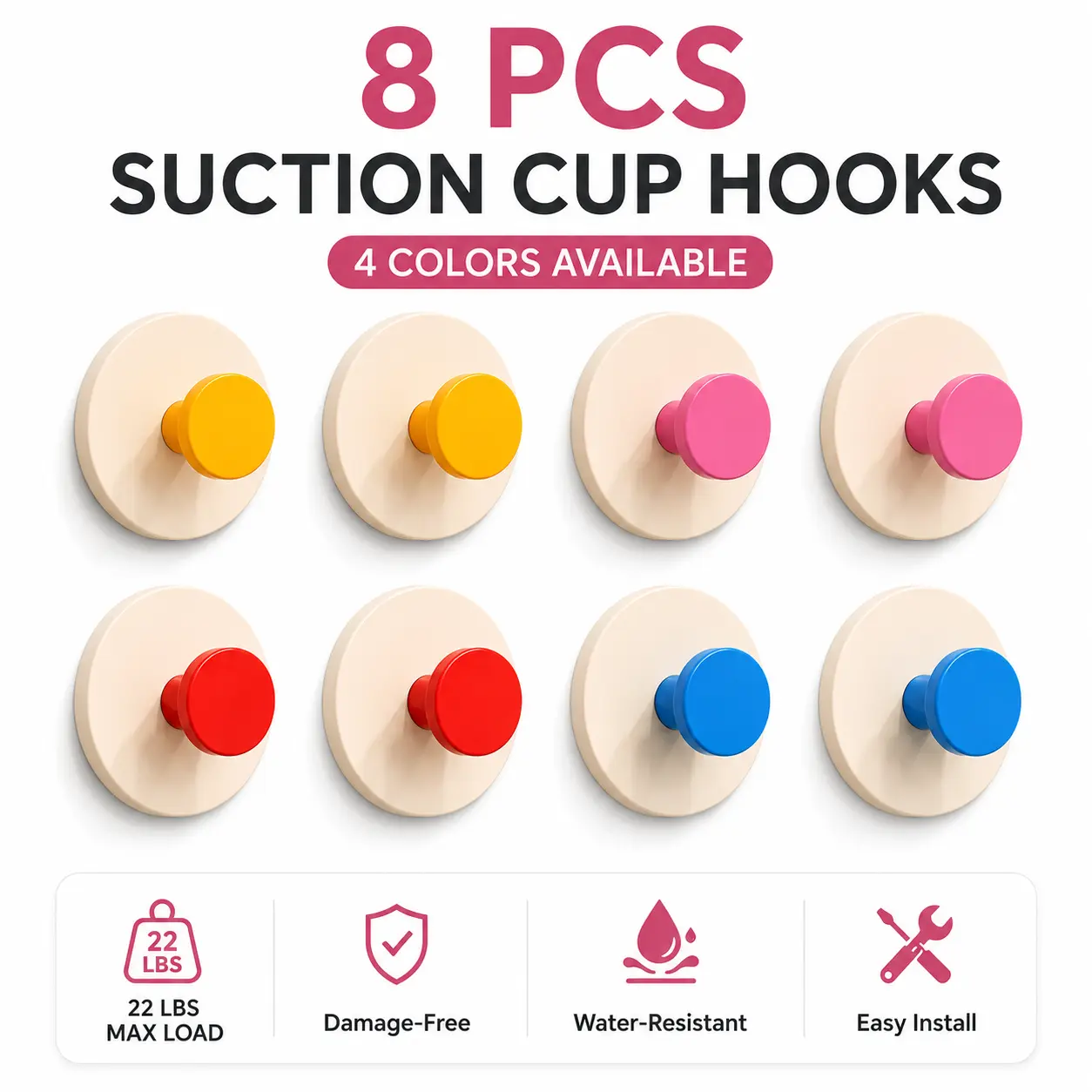 8PCS Colorful Suction Cup Hooks - Heavy-Duty No-Drill Waterproof Reusable Hangers for Bathroom/Kitchen, Rental Friendly Organization (Sports & Outdoor Accessories Compatibility)
