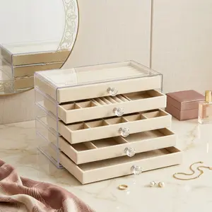 Clear Jewelry Organizer Box with 5 Drawers, Acrylic Jewelry Storage Case, Velvet Ring Earring Necklace Holder with Crystal Knobs for Vanity Dresser