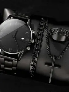 ‌4-Piece Men's Minimalist Set: Black Calendar Quartz Watch + Gothic Cross Pendant Necklace & Ring & Bracelet - Stylish Gift for Him‌