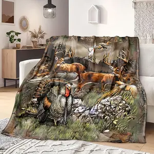 Wild Deer & Turkey Pattern Blanket, 1 Count Soft Warm Throw Blanket, Flannel Cozy Blanket, Thickened Flannel Blanket, Cozy Chic Blanket, Air-conditioned Room Blanket, Warm Nap Blanket for Home Office Camping Travel