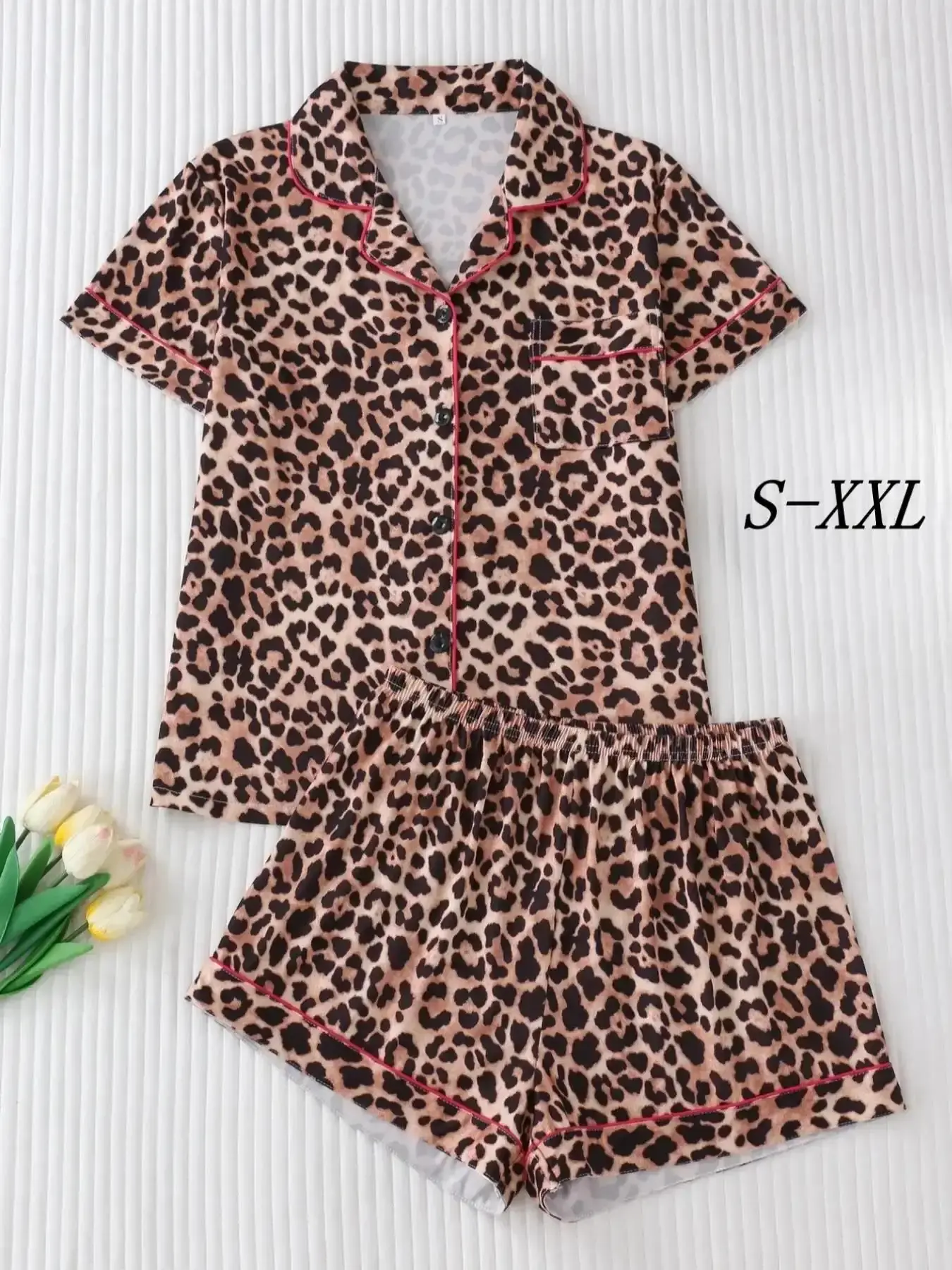 Women's Leopard Print Short Sleeve Pajama, Elegant Chic Button Up Lapel Neckline Top & Shorts Pyjama Set, Ladies Sleepwear for Summer, Loungewear, Womenswear, Homewear, Pajamas, Pyjamas Sets figure flattering spring