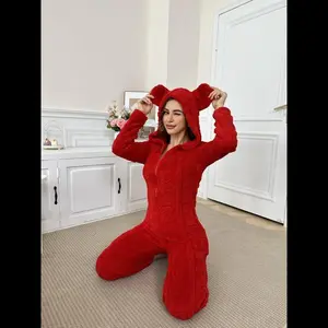 Women’s plush bunny-ear hooded zip-front jumpsuit, warm casual one-piece for fall and winter, thick fabric fitted loungewear