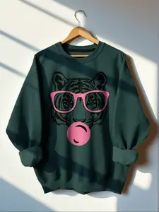 Women's Sporty Funny Relatable Tiger Head Print Sweatshirt, Fall Casual Ribbed Fitted Long Sleeve Round Neck Pullover, Fashion Daily Top for Women