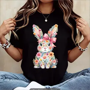 Casual Women s Round Neck Short Sleeve T Shirt Featuring Easter Bunny with Pink Bow and Colorful Swirls Print Perfect for Spring Festivals and Outdoor Leisure