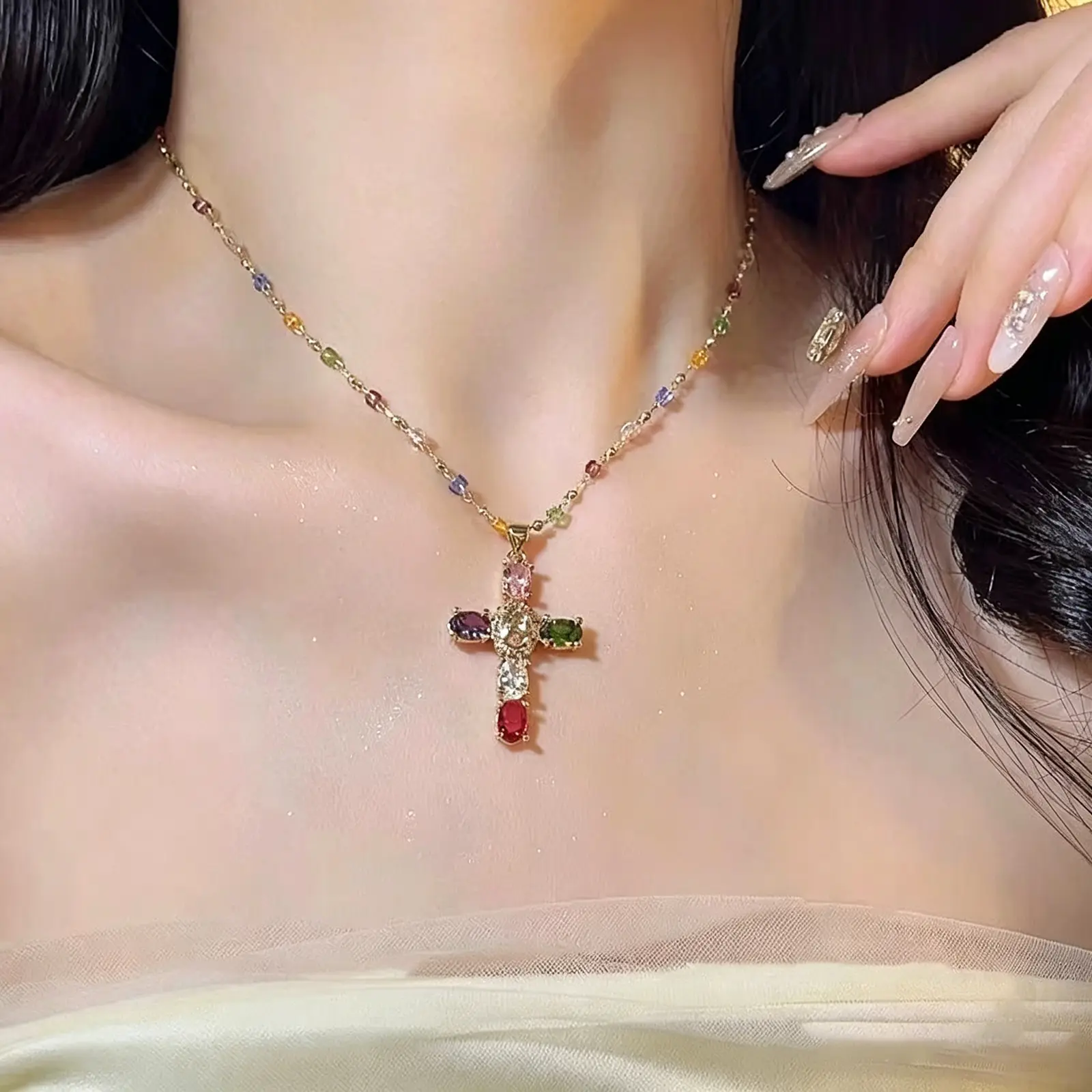 Women's Rainbow Cross Pendant Crucifix Gem Necklace - Dainty Bling Effect Stylish Accessory, Vintage Glam-Y2K Vibes for Daily Outfits & Church Events