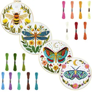 Insect Themed Embroidery Kit, 4 Counts/set DIY Embroidery Fabric with Embroidery Hoop & Threads & Tools, DIY Embroidery Kit for Beginners, Flower Embroidery