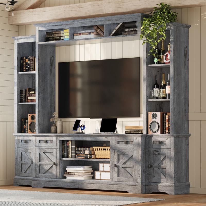 【Ships in 2 Boxes】AMERLIFE Farmhouse 98" Wall Unit TV Stand with Storage Cabinets for TVs up to 78", Large Entertainment Center with Bookshelves & Power Outlets, Wine Display Cabinet with Barn Door, Living Room