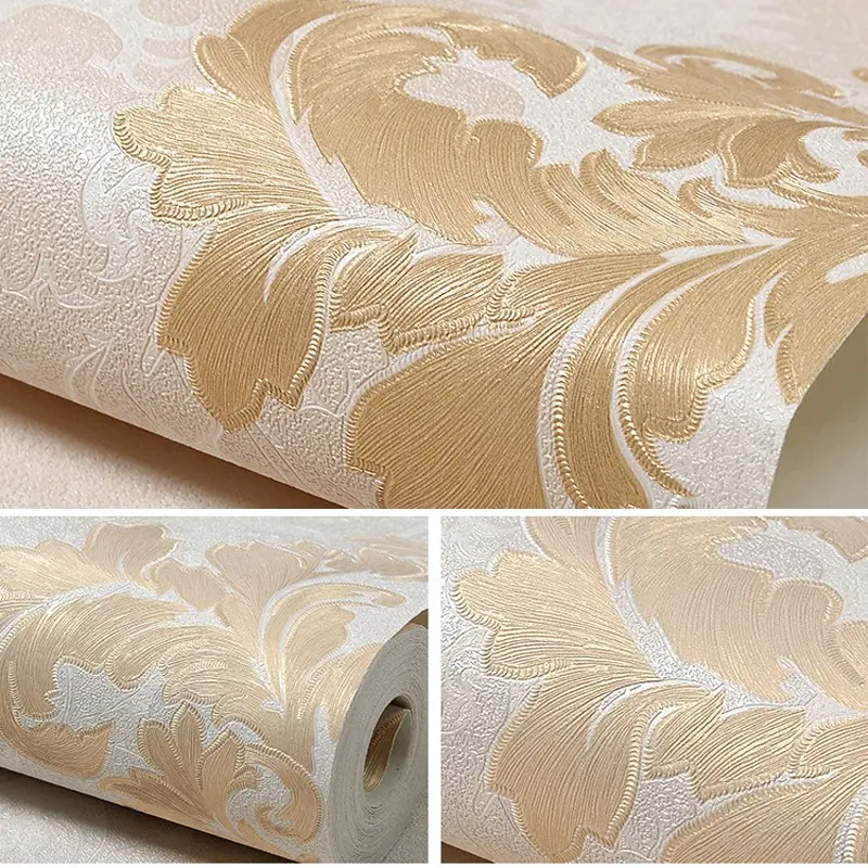 A roll of 20.86*374 inches non-adhesive 3D European-style Damask wallpaper, luxurious and cozy for bedroom and living room feature walls, beige thickened wallpaper, cuttable, home decoration, Textured Wall Paper