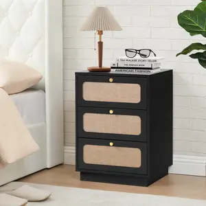 Giratree Furniture Mid Century Farmhouse Nightstand with 3 Drawers, Modern Bedside Table with Curved Linen Panel, Rustic Small Side Table for Bedroom, Living Room, Dorm, Durable Wood Construction, Easy Assembly