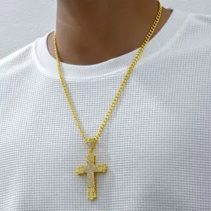Vintage Embossed Frame Fully Paved Diamond Cross Pendant, Gold Plated Christian Amulet Necklace with Wheat Link Chain