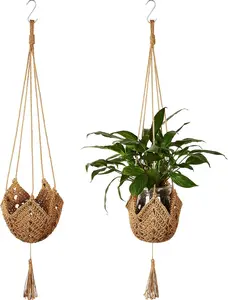Plant Hanger Jute Crochet Long 3 Inch to 12 Inch Pots Macrame Plant Holder Rope with S Shaped Hooks Halloween Home Decor Brown