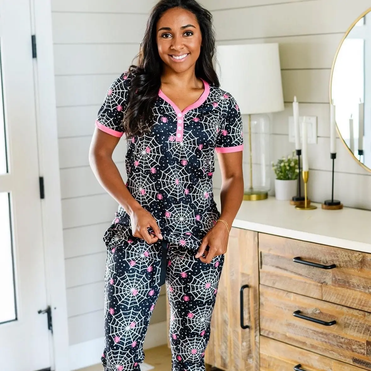 Shirley & Stone Women's Jogger Pajama Set Spider Web Loungewear Nightwear halloween sleepwear for Pjs Womenswear Cute pajama set pajama sets women cozy crew neck comfy pyjama pant pajamas pj casual comfortable short short pj fabric loungewear trending