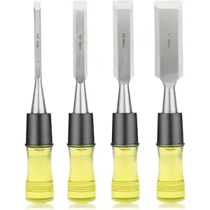HURRICANE 4 Piece Wood Chisel Set for Woodworking.CR-V Steel Beveled Edge Blades with Safety Caps.Durable PVC High Impact Handle, for Precision Carving & DIY Projects (1/4", 1/2", 3/4", 1")