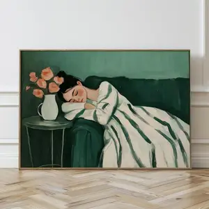 Sage Green Wall Art – Vintage Abstract Print, Green Woman Sleeping Illustration, Trendy Living Room Decor, Aesthetic Art, Room Decor, Unframed