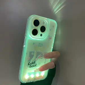 Sound-Control Glowing Bear Rabbit Phone Case, Casing, Accessories, Protector, Cellphone, Smartphone, Hollow Cartoon Protective Cover, Unique Call Light Protection, Fits iPhone X/XS/XR/11/12/13/14/15/16/17 Pro/max