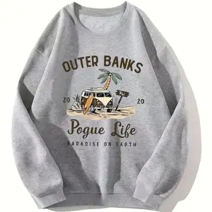 Outer Banks Print Sweatshirt, Casual Crew Neck Long Sleeve Sweatshirt, Women's Clothing