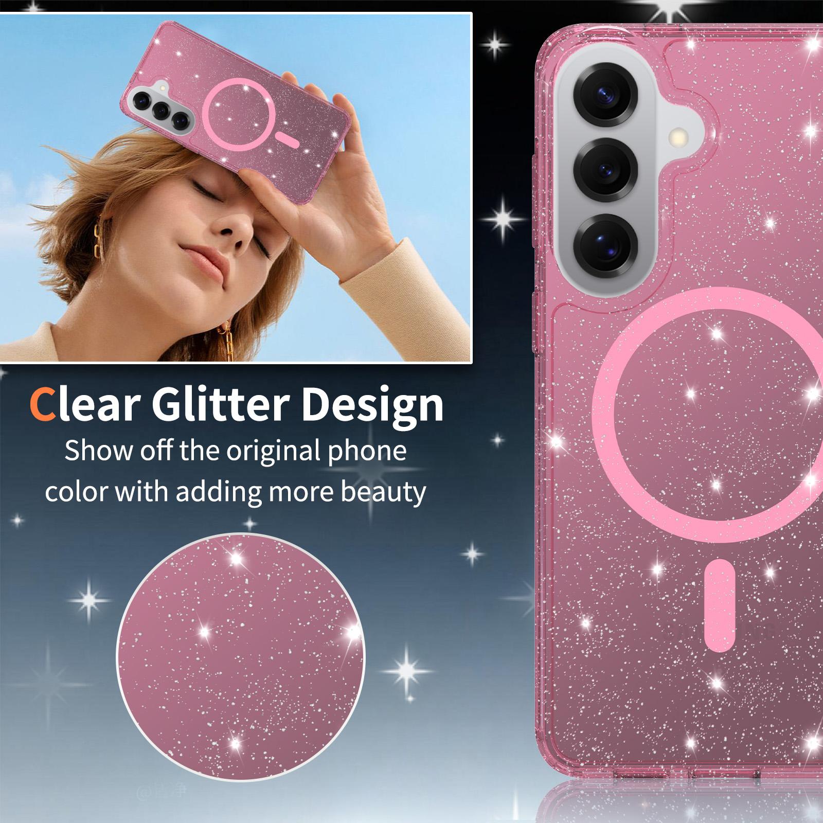 Clear Glitter Magnetic Case for Samsung Galaxy S25 & S26 series, Slim Transparent Shockproof Bling Cover