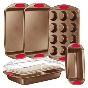 NutriChef 5-Piece Baking Pan Set - Carbon Steel Stackable Bakeware with Red Silicone Handles & Nonstick Coating Includes Cookie Sheets Roaster Pan with Lid Loaf Pan and 12 Cup Muffin Pan (Gold)