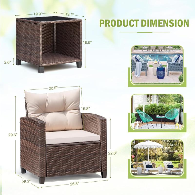 HOMALL 3 Pieces Patio Furniture Set, PE Rattan Wicker Patio Set with Two Outdoor Chairs and Table, Upgraded Patio Chairs and Table for Porch, Garden Poolside Balcony